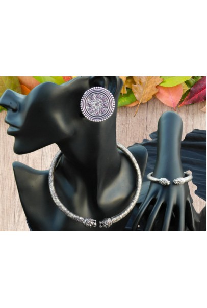 Alphabey's Tribal Bohemia Oxidised Silver  Choker Necklace for Women/Girls NK05
